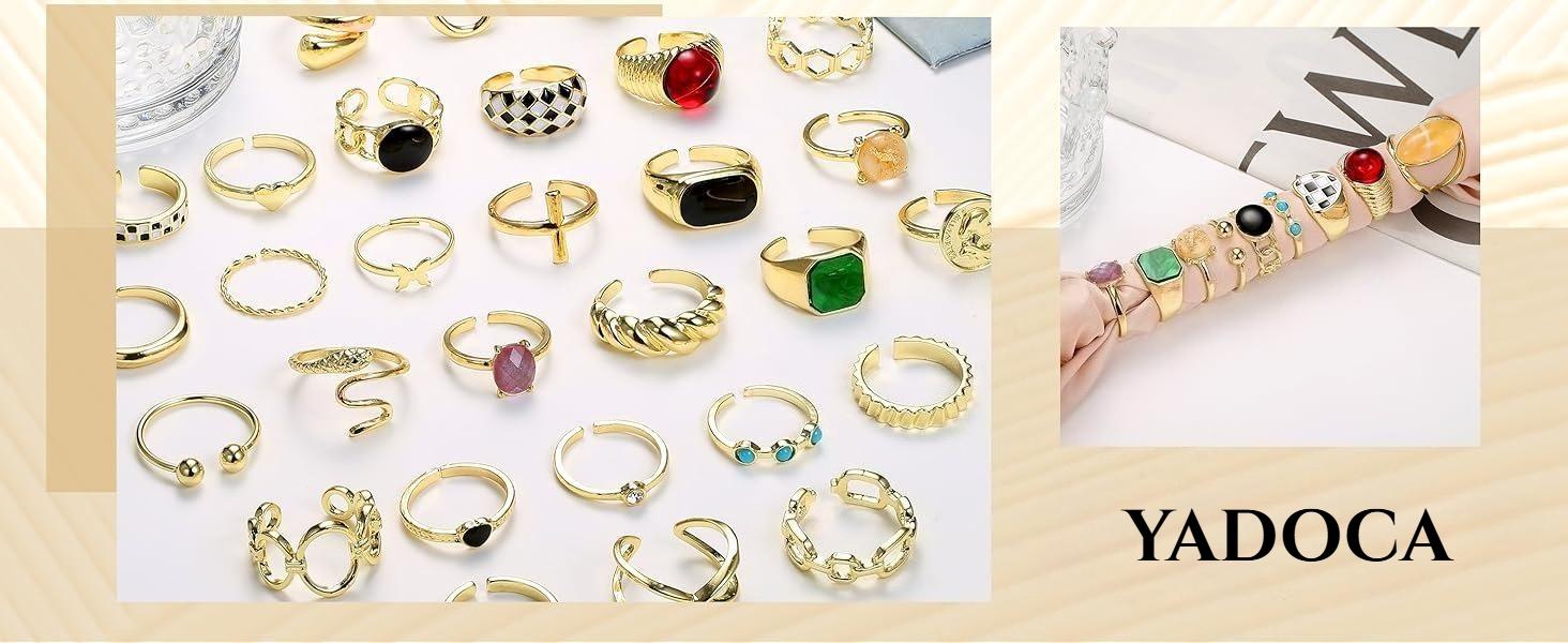 YADOCA 30Pcs 18K Plated Gold Chunky Rings for Women Chunky Twisted Signet Rings Stackable Knuckle Midi Ring Adjustable Open Ring Sets