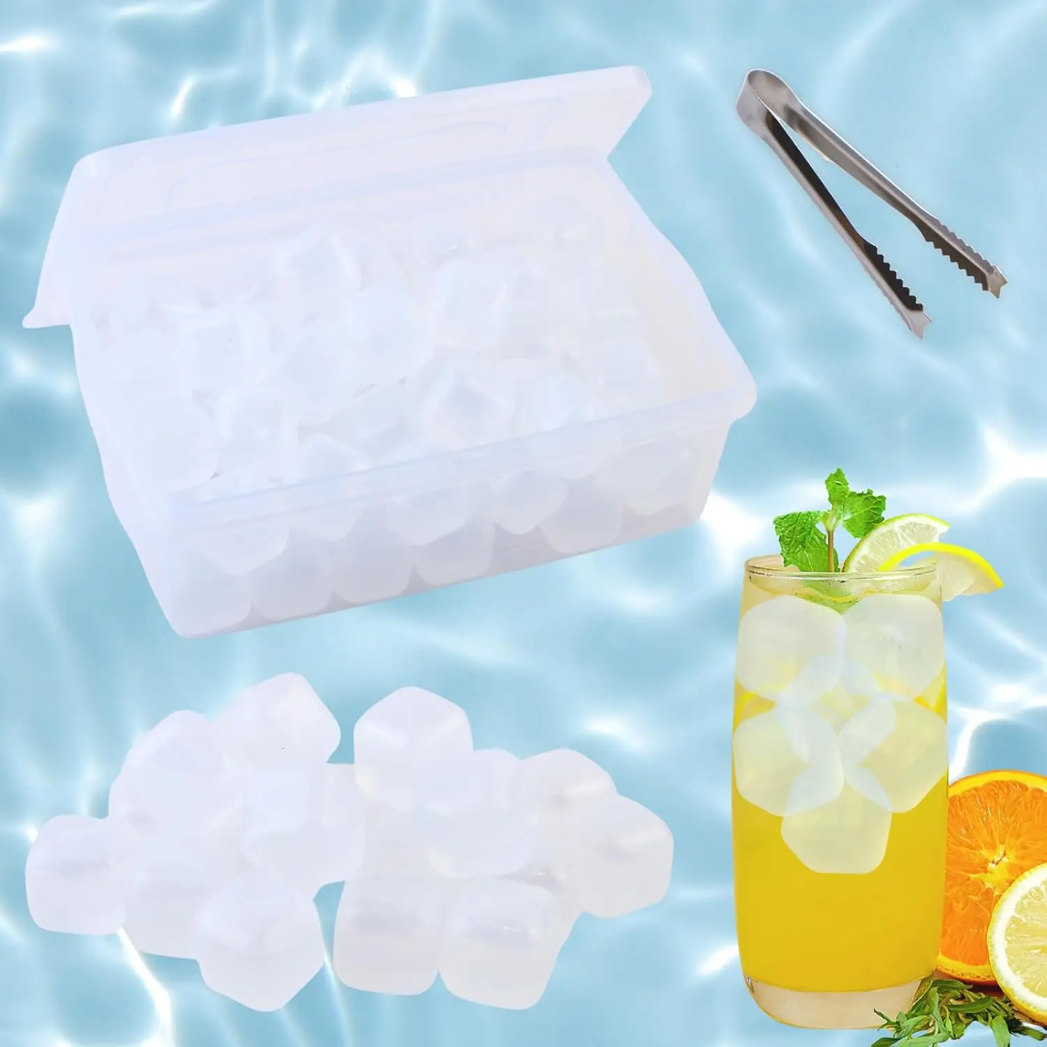 with Lid & Bin, 60 Pack Plastic Ice Cubes for Drinks , Refreezable Square Ice Cubes for Water Bottles, , , Coffee, ,  or