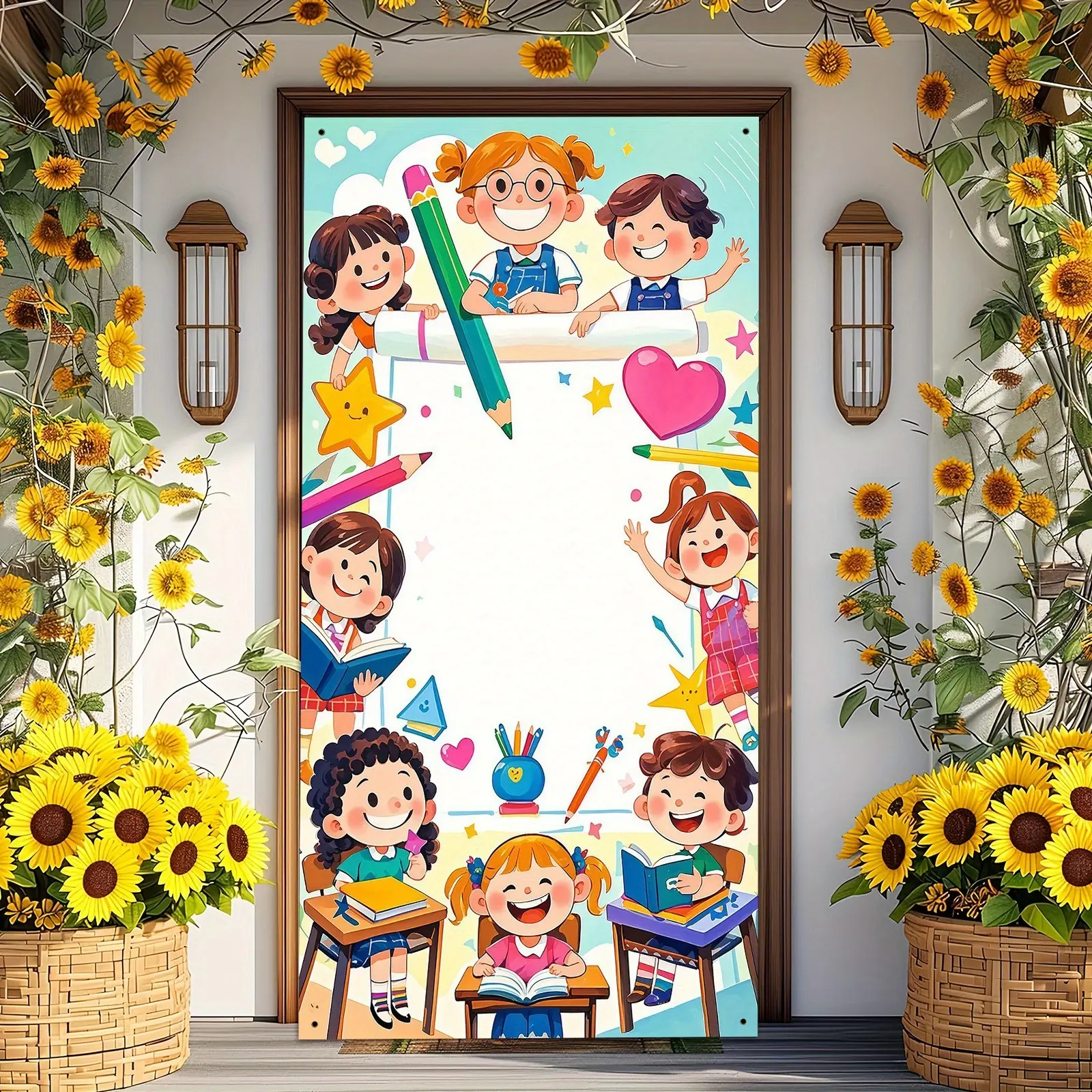 School Welcome Curtain 2D Banner, Cartoon Student Classroom New Arrival Theme Door Decor, Polyester Material, Metal Hooks, School Decoration