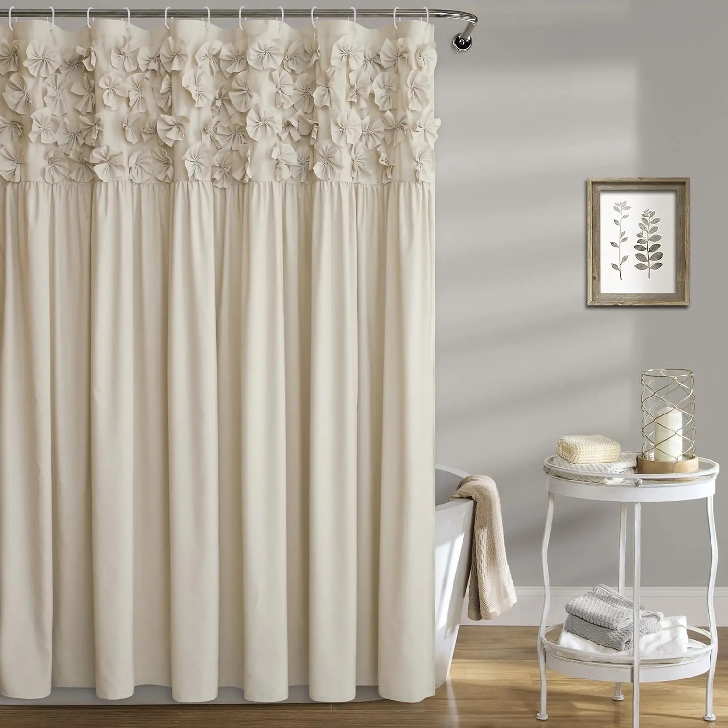 Decorative Farmhouse Floral Handmade Microfiber Shower Curtain, Privacy 72x72" Bath Curtain for Master Bathroom, with 12 Buttonholes, Bow Tie Ruched, Camel, Polyester, Ruffled