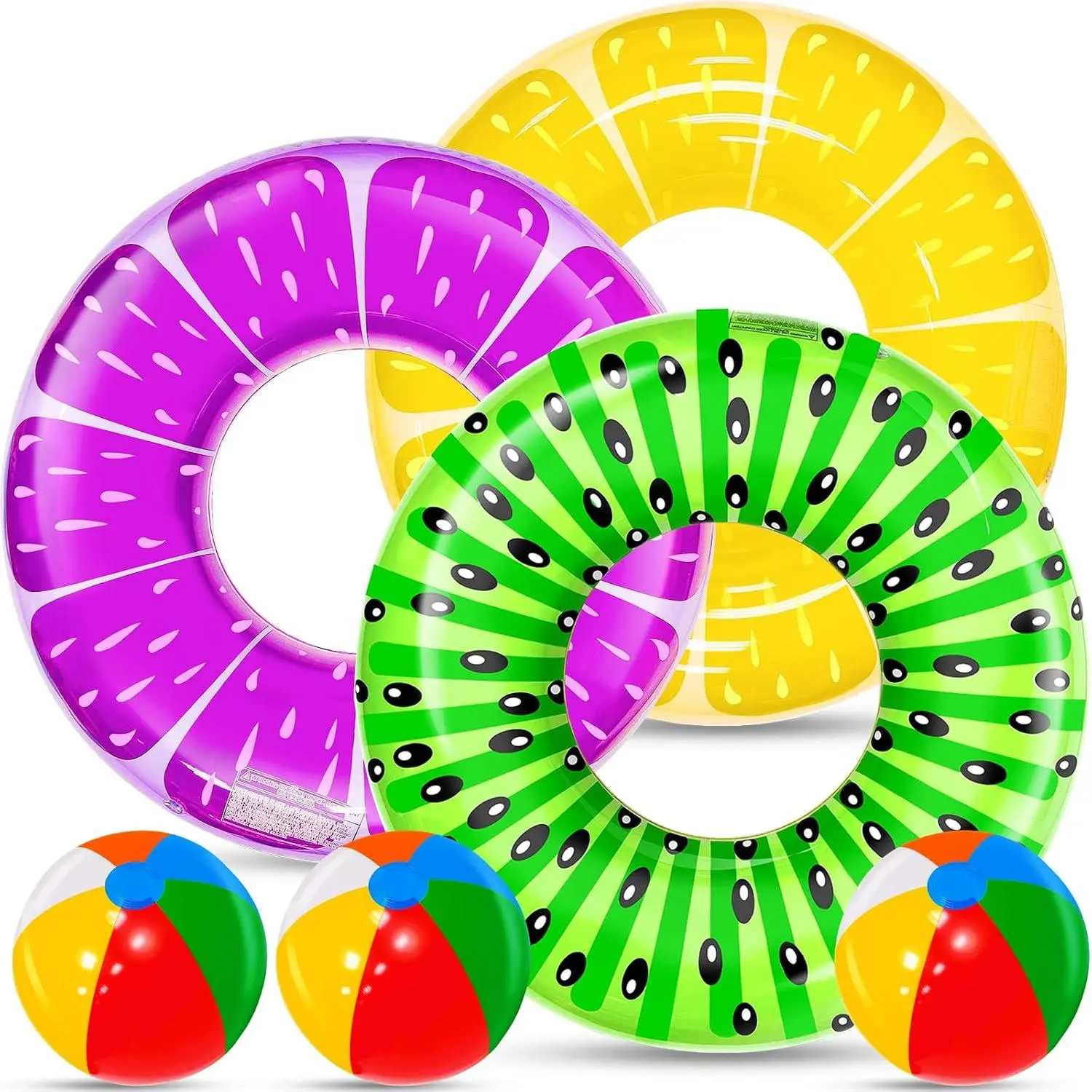 6 Pack Inflatable Pool Floats, 3 Fruit Swim Rings & 3 Rainbow Beach Balls, Summer Floaties for Kids Teens Adults, Water Fun Game for Pool Party