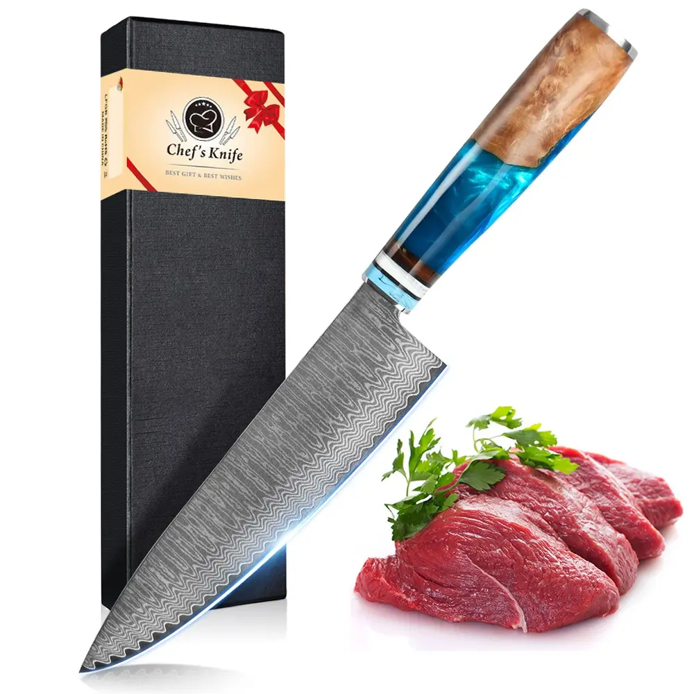 7.9 Inch Damascus Steel Chef Knife, Dual Color Blue Resin Non-Slip Handle, Ultra-Sharp Serrated Blade, Ideal for Meat and Vegetables, Essential Kitchen Tool