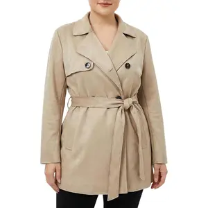 Women's Faux Suede Trench Coat – Short Classic Style, Notched Collar, Adjustable Belt