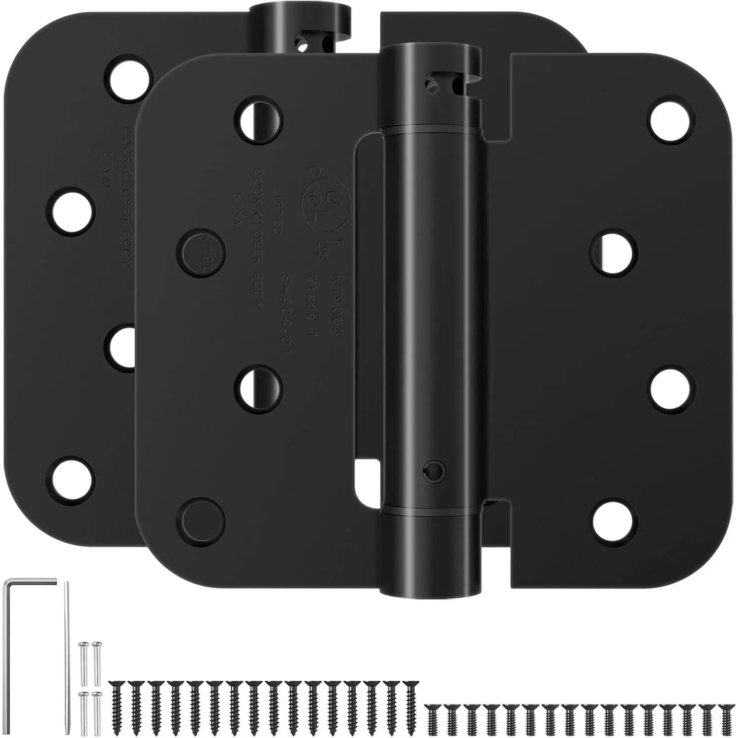 HOSOM 4 Inch Self Closing Spring Loaded Door Hinge, Adjustable Tension, UL Listed, 5/8'' Radius Corners, Fits Left & Right Hand Doors, for Garage Front Back Door, Matte Black, 2 Pack