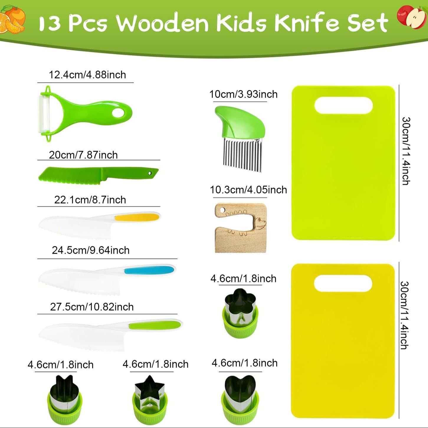 13-piece child-safe knife set, Miniature cooking set, Suitable for real cooking, kid-friendly plastic chef tools for toddlers, bright colors, great gifts for kids, Play Kitchen Accessories