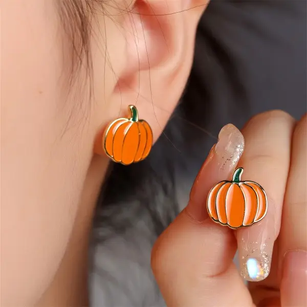 Women's Safe Gold-Tone Enamel Pumpkin Stud Earrings, Halloween Fall Costume Jewelry Accessories