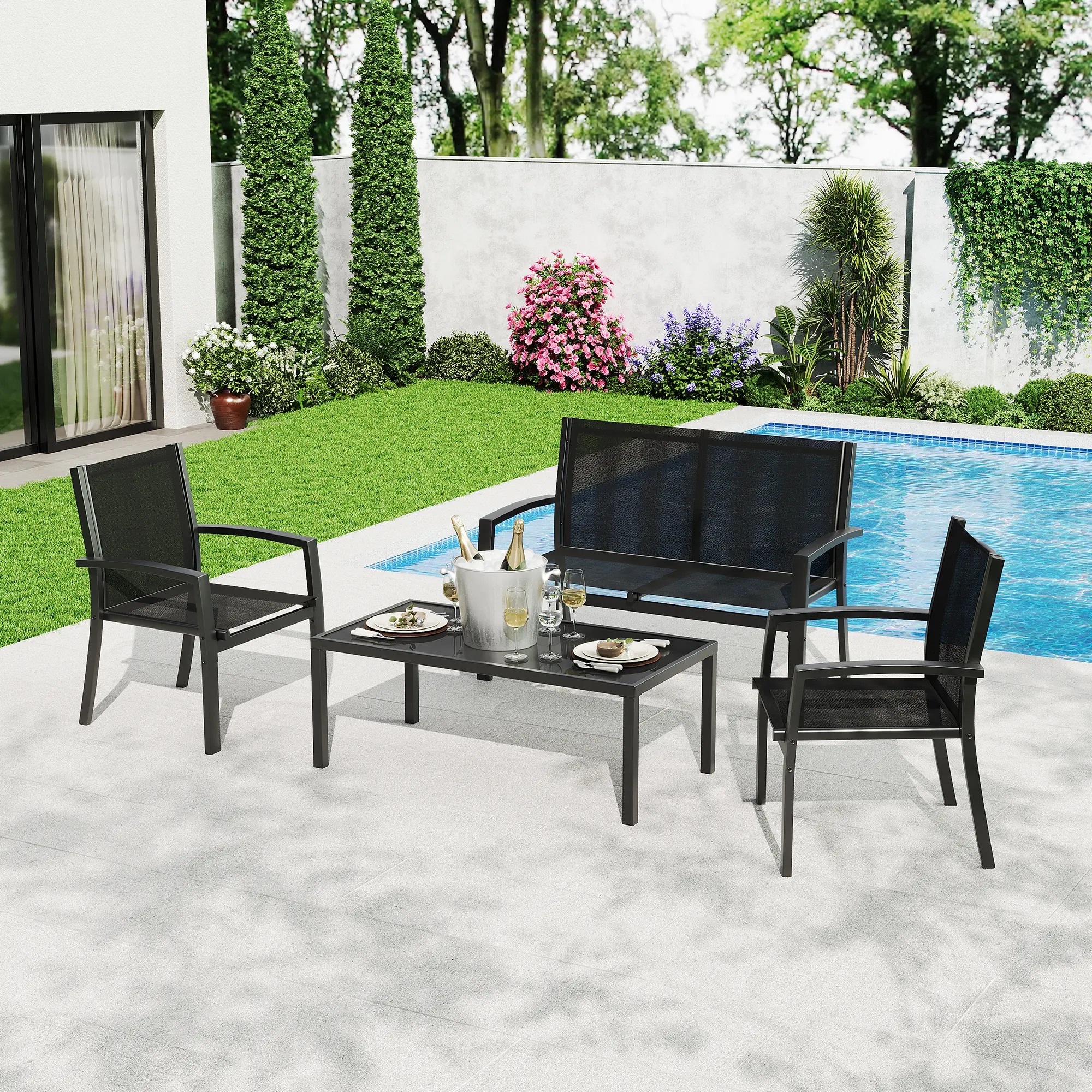 4 Piece Patio Bistro Furniture Set, Outdoor Conversation Set with 3 Chairs, Loveseat & Glass Coffee Table, Space-Saving Garden Furniture, All-Weather Metal Frame, for Backyard, Poolside, Porch, Lawn,Easy to Clean