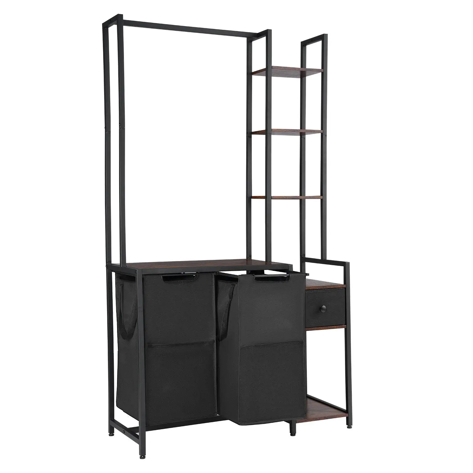 VEVOR Carbon Steel 3-Tier Laundry Sorter with Rack, Tall Hamper with Shelves & Drawers, 2-Section Freestanding Hanging Storage with 600D Oxford Cloth Bags & Ladder Shelves for Dirty Clothes, Portable