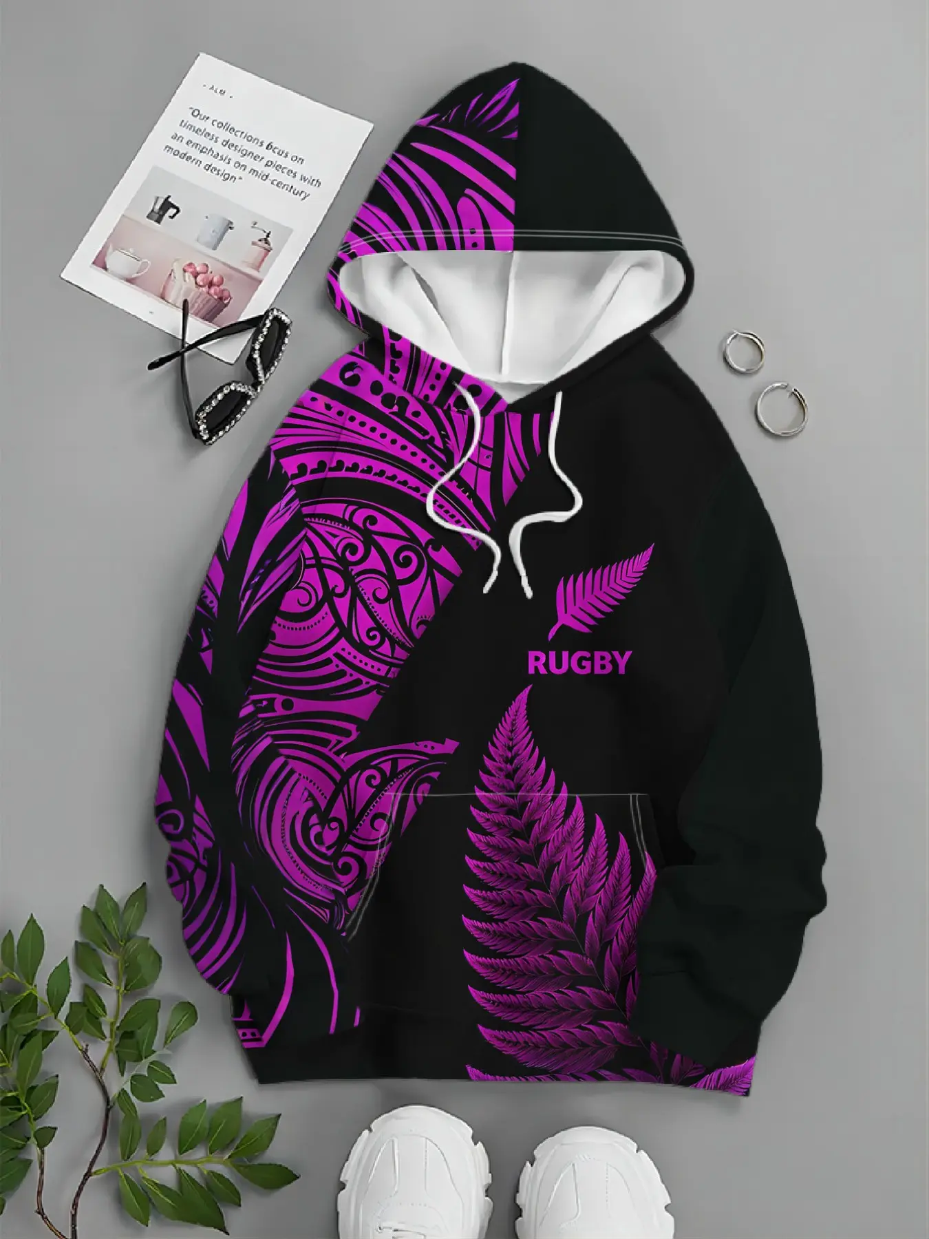 Māori Tribal Totem Silver Fern Rugby Print Hoodie, Polynesian Style Loose Fit Fall Winter Sweatshirt, Asymmetrical Design, Long Sleeve