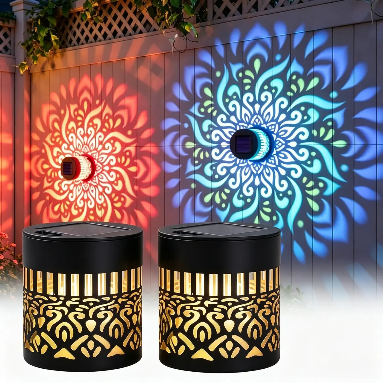 2-Pack Solar Mandala Projector Wall Lights – Waterproof Rustproof Metal Fence Light, Outdoor Decor for Garden, Patio, Backyard, Courtyard, Projection Decorative Lamps, No Rotation Function, Long-Lasting Solar Powered Lighting