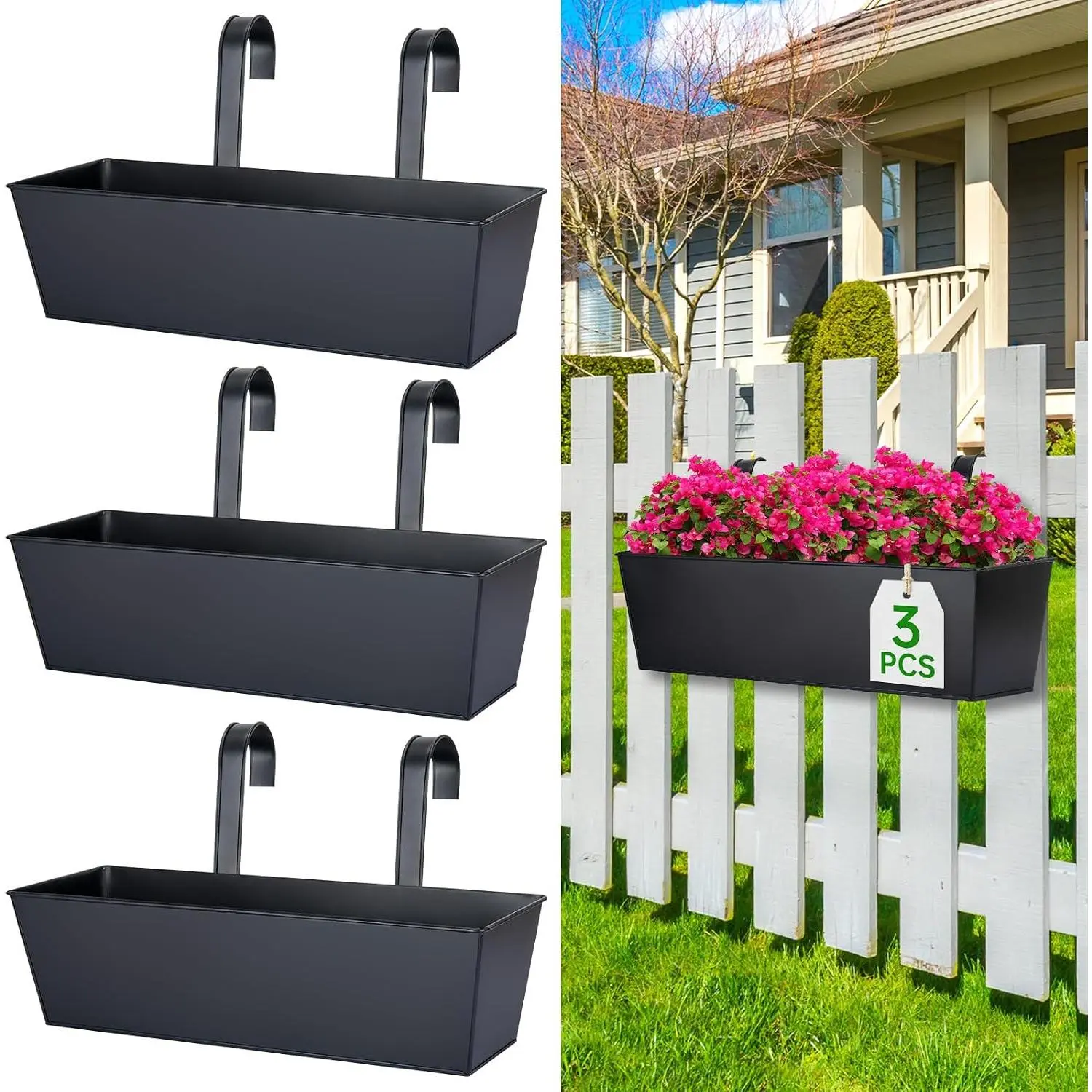 16-Inch Railing Planter Box, 3 Pack Large  Planters for Outdoor  with Detachable Wide Hooks for 2.7'' Railings - Balcony Planters Railing  for Deck, Fence & Patio Decor