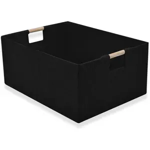 Fabric Storage Basket for Shelves, Collapsible Storage Bins with wood Handles, Rectangle Closet Baskets, Wardrobe Organiser, for Sorting Clothes, Family Items (Black) (1)