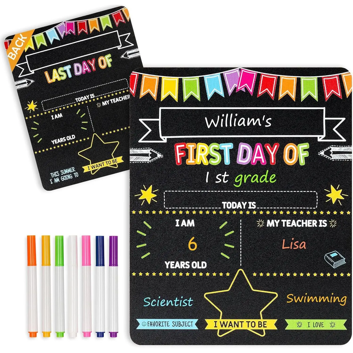 First & Last Day Hardwood Chalkboard Sign, 11"x1" Vertical Double-Sided, School Milestones Photo Prop, Includes 7 Chalkmarkers (Office & School Stationery Supply)