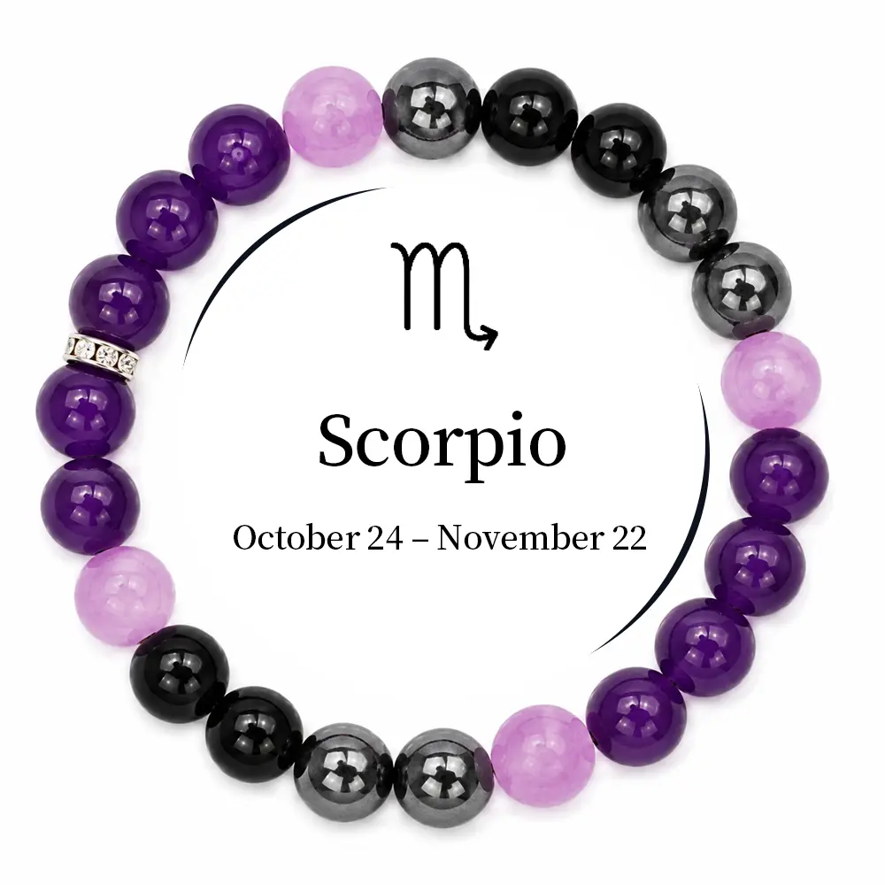 Scorpio Zodiac Intuition & Protection Crystal Beaded Bracelet, Dark Purple Amethyst & Black Round Gemstone Bracelet, Unisex Boho Energy Bracelet for Negative Energy Clearing & Inner Strength, October 24-November 22 Scorpio Constellation Amulet, Daily Stac