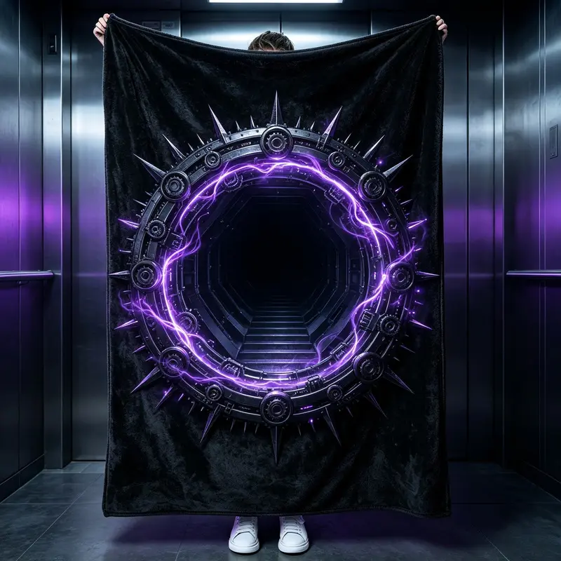 Mechanical Spiked Portal Purple Lightning Graphic Plush Throw Blanket, Cozy Fuzzy Black Flannel Couch Blanket, Cyberpunk Industrial Style Room Decoration Blanket