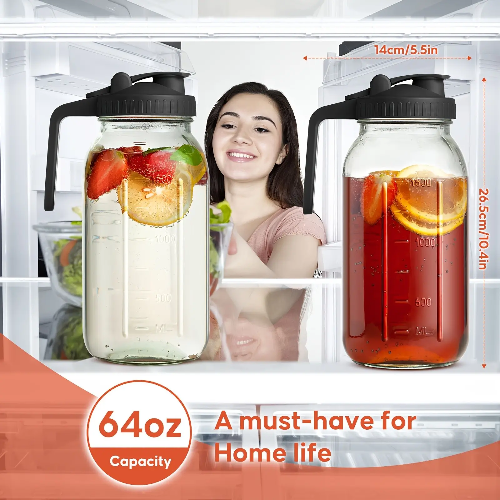 2/3pcs Mason Jar Pitcher, 64OZ Breast Milk Pitcher Double Leak Proof with Pour Spout Handle, Wide Mouth Iced Tea Pitcher for Fridge, Creamer Container for Coffee, Sun Tea Juice