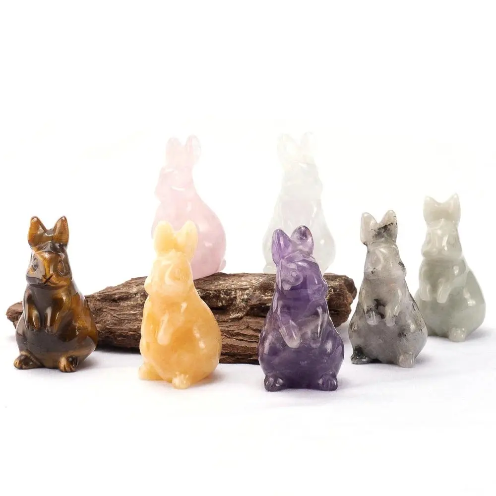 Natural Crystal Stone Rabbit Elf Figurine Healing Amethyst Rose Quartz Gemstone Animal Bunny Carving Healing Decor Easter Gift