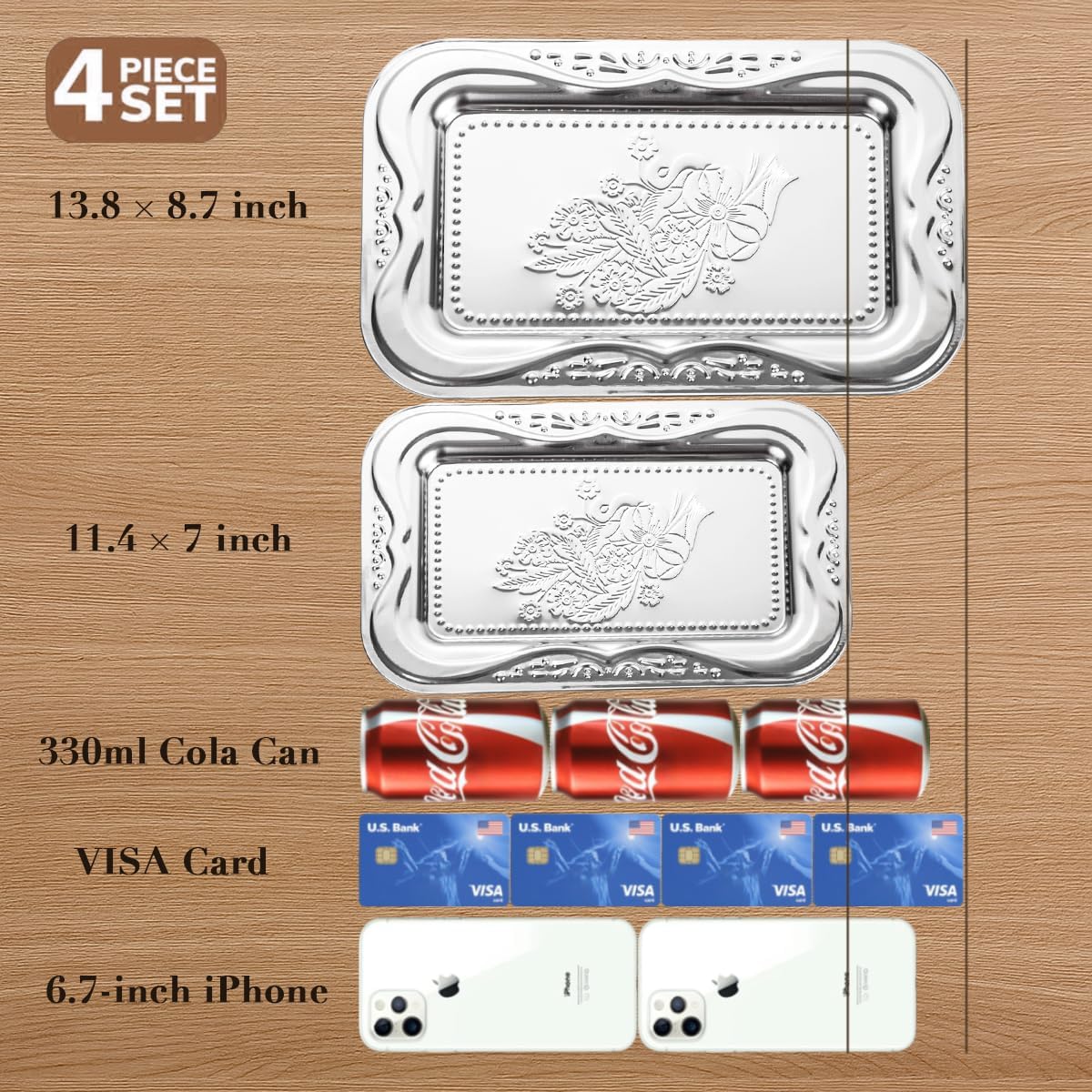 4-Pack Silver Serving Trays Set - Lightweight Bow Floral Engraved Mirror Decorative Tray, 13.8" x 8.7" Party Platters for Easter, Food, Appetizer, Charcuterie, Cookies, Desserts 4-Pack Silver Serving Trays Set - Lightweight Bow Floral Engraved Mirror Decorative Tray, 13.8" x 8.7" Party Platters for Easter, Food, Appetizer, Charcuterie, Cookies, Desserts