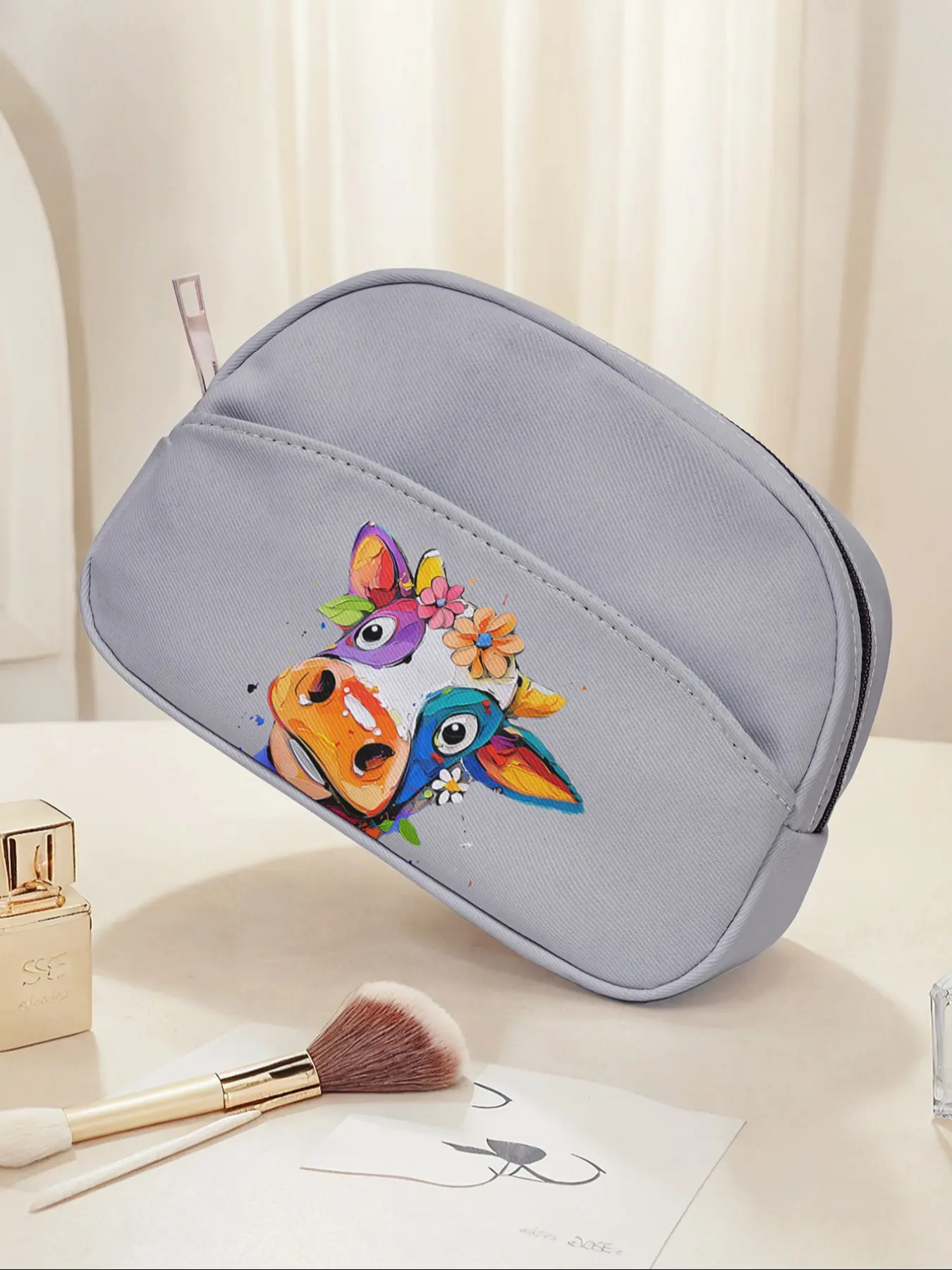 Cute Cow Pattern Travel Makeup Bag, Portable Cosmetic Organizer, Large Capacity Toiletry Storage Box, Fashionable Evening Clutch