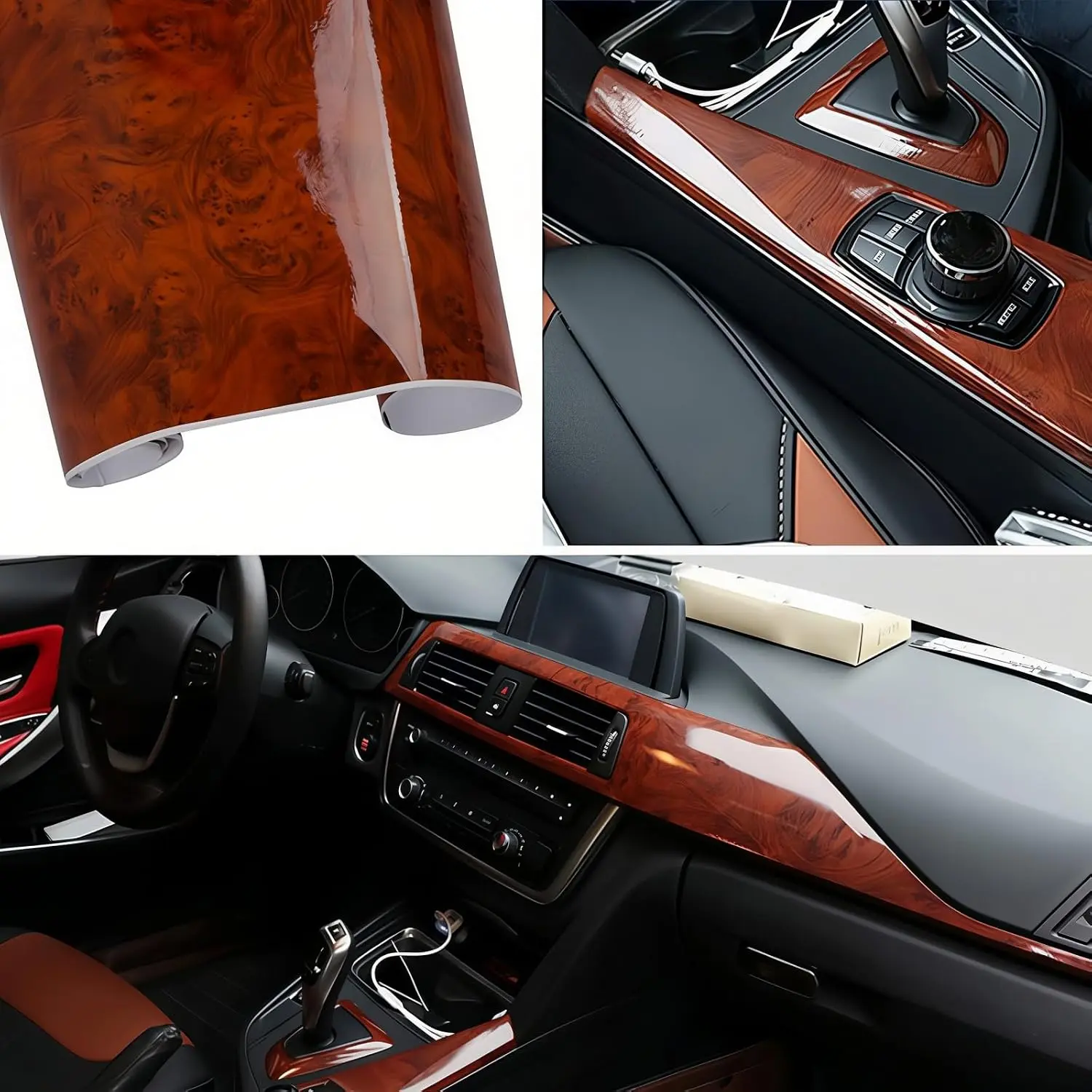 High Glossy  Grain Vinyl Wrap Sticker Decal  Internal Wraps Self Adhesive DIY Film,  Wrap Roll Without Bubble, 100x 40cm/39.4x15.7in (Yellowish-Brown)