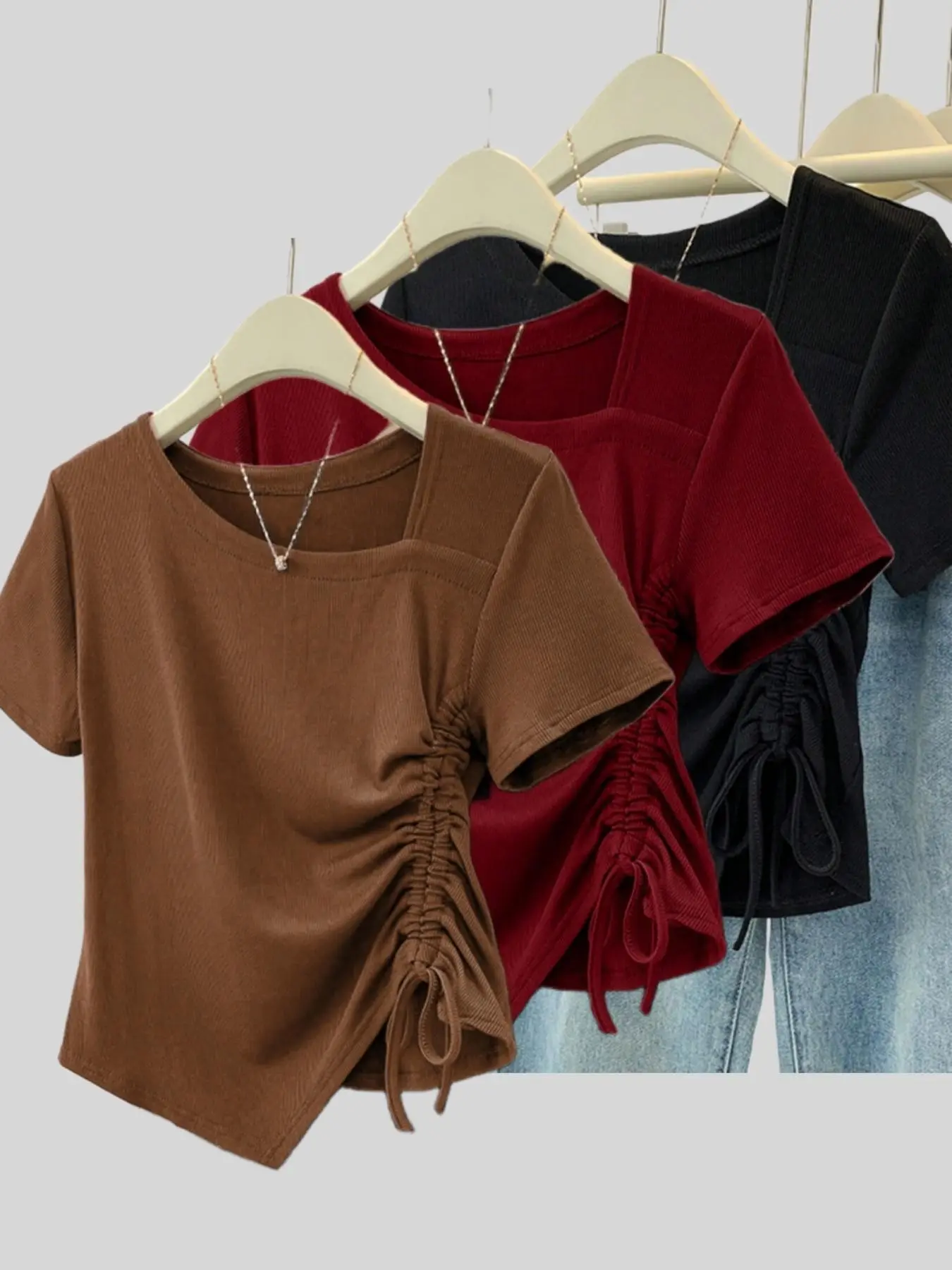 Fashion Versatile Trendy Irregular Hem Drawstring Women's Short T-Shirt, Three-Piece Set, Comfortable & Stylish, Perfect for Daily Wear