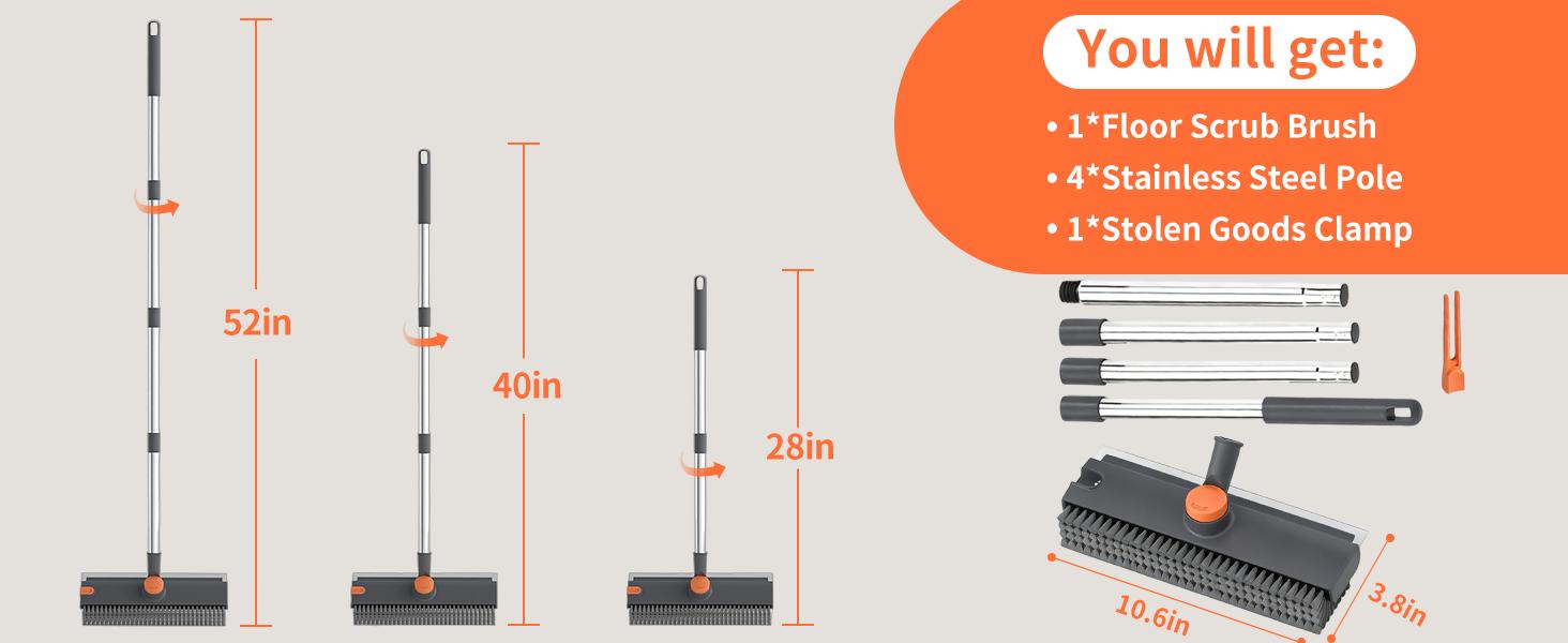 3 in 1 Floor Scrub Brush,Floor Scrubber with Squeegee and Tweezer, Push Broom with Long Handle,Heavy-Duty Stiff 90 °   Bristle Broom for Patio,Shower, Garage,Deck,Tile, Concrete & Wood Surface