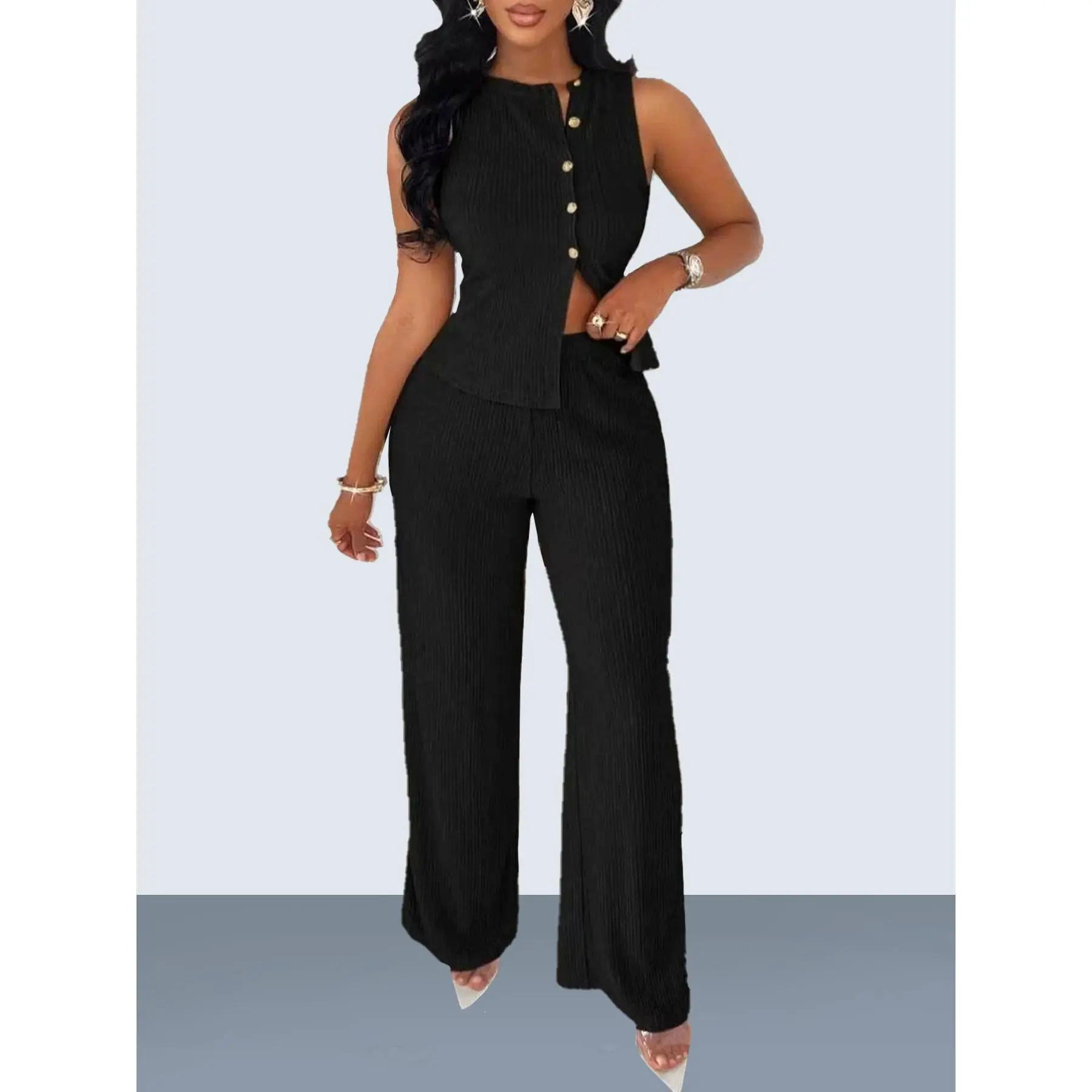 Elegant Striped Sleeveless Top with Straight Leg Pants Set, Casual Business Style, Latest Spring Summer Women's, Athleisure set