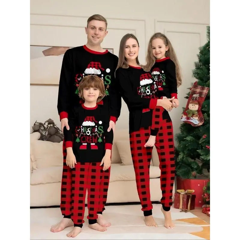 Christmas Family Set of Four, Cartoon Hat, Letter Printed Top, Striped Pants, Casual Fit Home Sleepwear