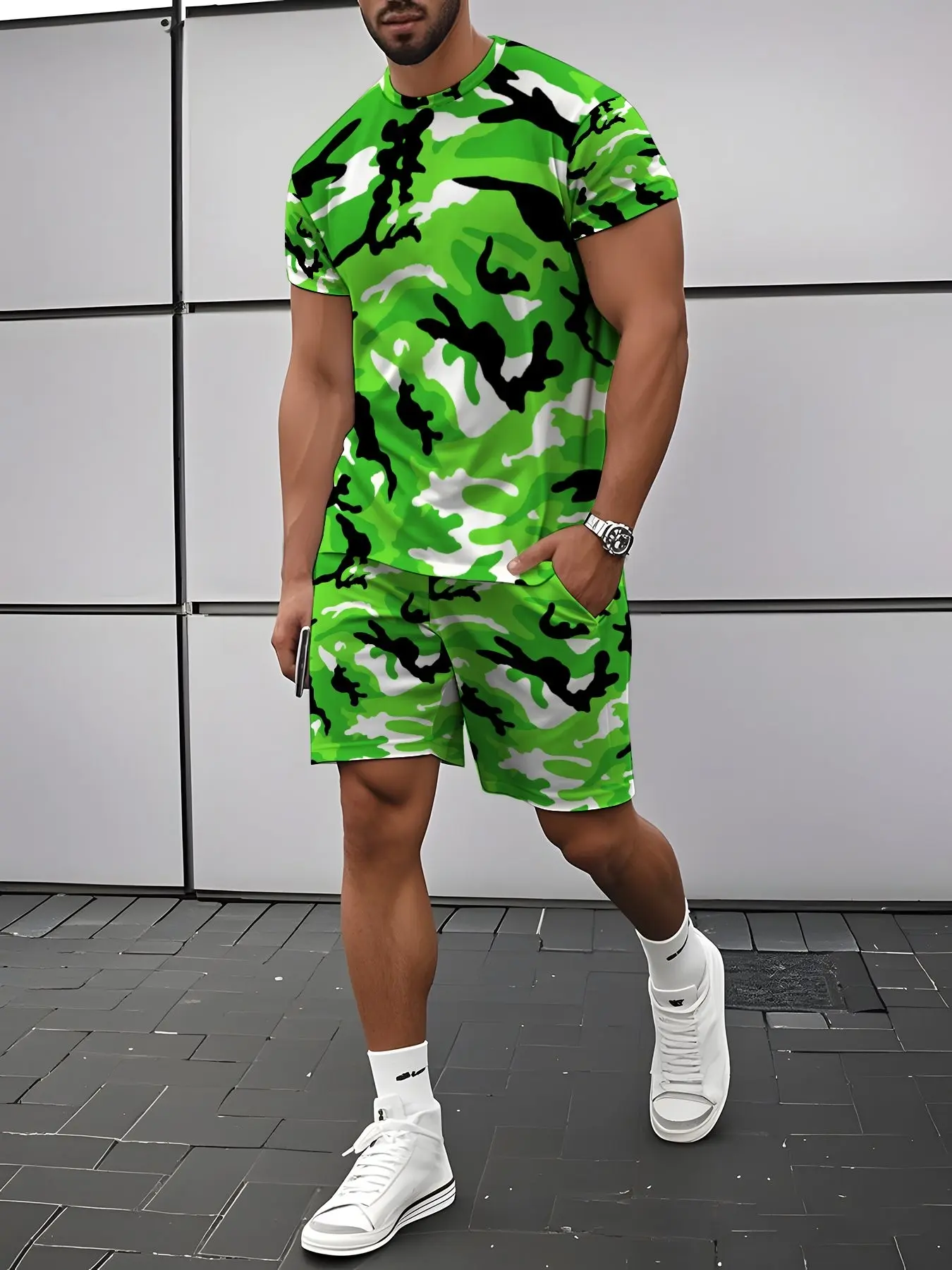 Camo Men's Set, Camouflage Short Sleeve T-Shirt with Casual Shorts, Fashion Sport Two-Piece Matching, Comfortable and Stylish