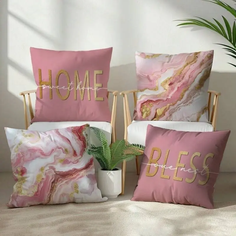 4pcs Marble Pattern Cushion Cover Set, Peach Velvet Material, 45*45/50*50/40*40cm, Modern Sofa Decor, Party Gift