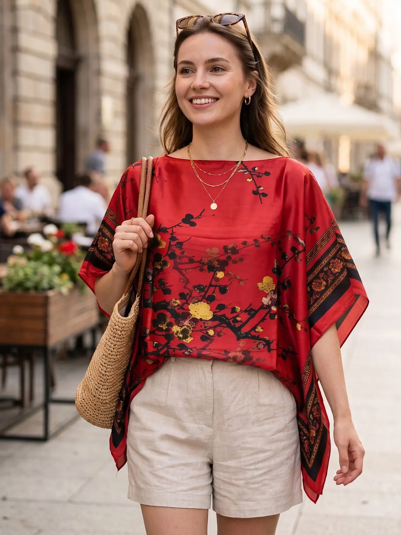 Casual Loose-Fit Design Style Red Kaftan Top Vintage Floral Printed Silky Satin Blouse Short Caftan Poncho for Women Summer Resort Wear