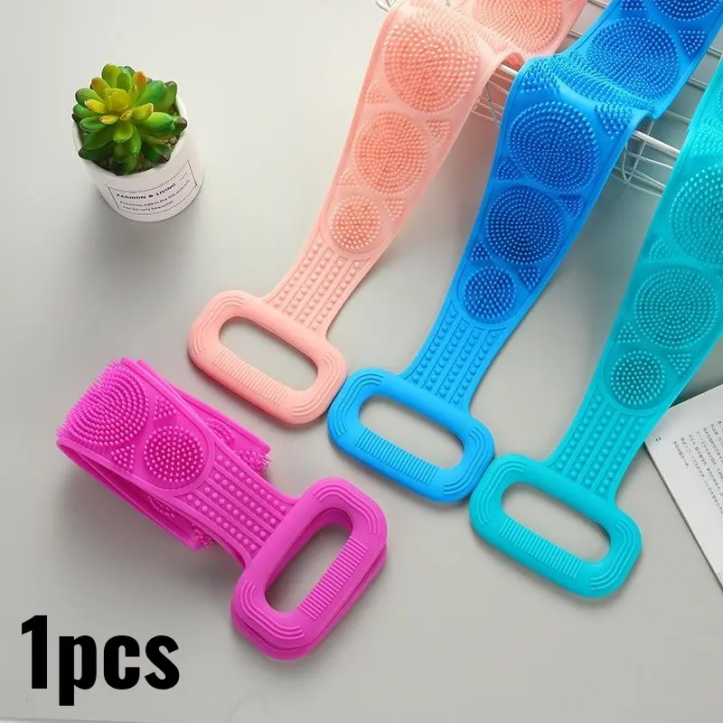 Food-Grade Silicone Body Scrubber Shower Washcloth Double-Sided Exfoliating Back Scrubber Massage Bath Brush with Strap Long Handle for Deep Cleansing