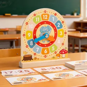 Wooden Clock Cognitive Educational Toy with Question Cards and Movable Hands, Time Concept and Math Learning Tool for Children, Teaching Clock Hands and Time, Progressive Difficulty Question Cards