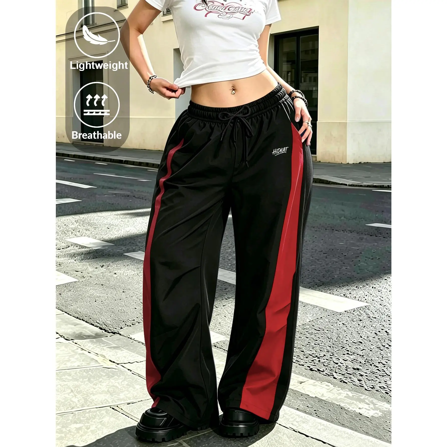 Women's Contrasting Splicing Wide Leg Sports Pants, Elastic Full Height Waist Design, Small Embroidered Logo, Deep Side Patch Pocket Design, Suitable for Women's Fitness, Hiking, Camping, Walking, and Leisure Outdoor Activities