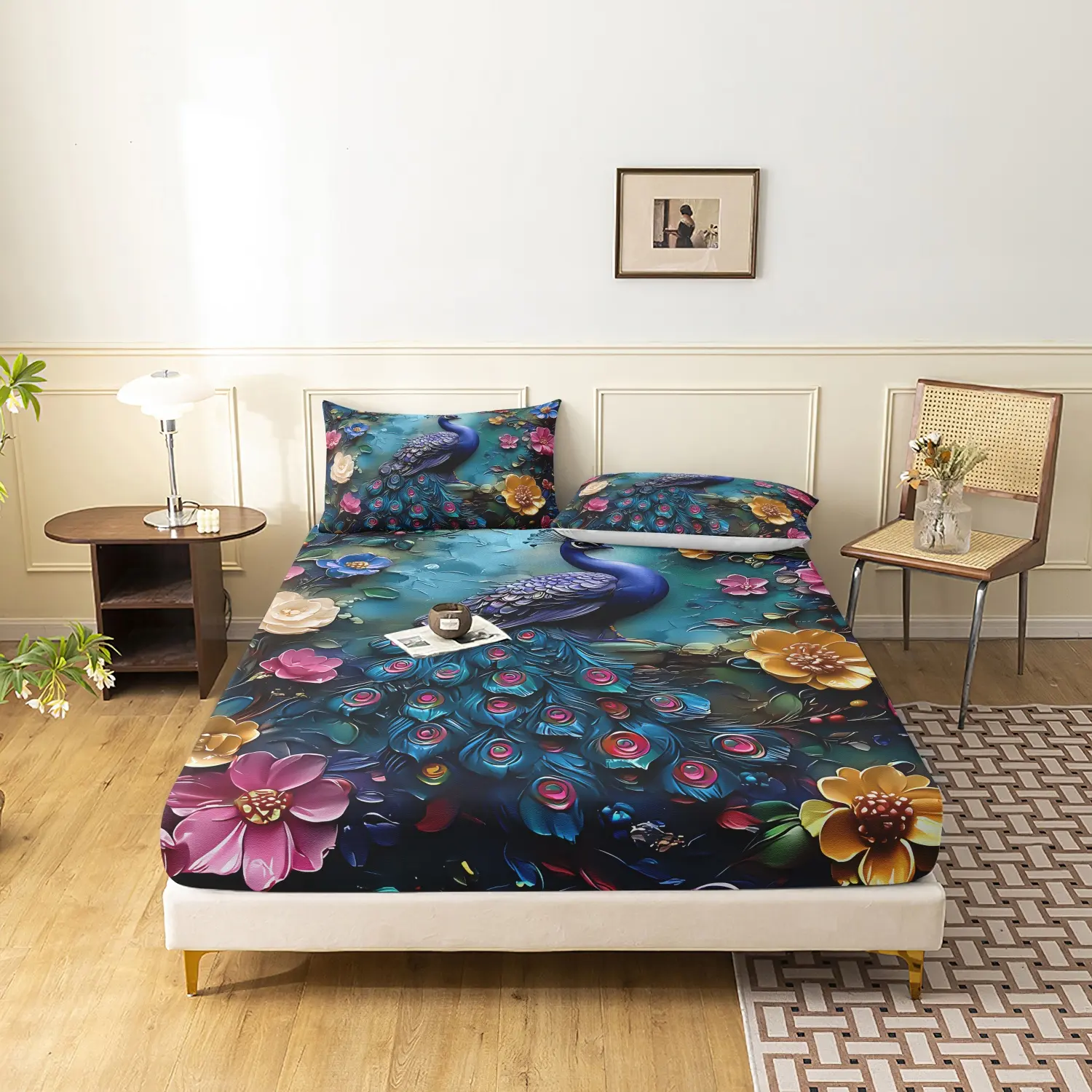 Peacock Colorful Floral Print 3 Pieces Duvet Cover Set, Luxurious Iridescent Peacock Feather Vibrant Flower Print Bedding, Soft Microfiber Elegant Tropical Bedroom Decor (1 Fitted Sheet + 2 Pillowcases, No Pillow)