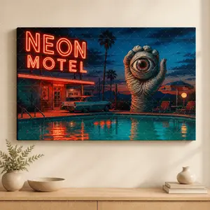 "Neon Motel" Retro Desert Canvas Wall Art, Surreal Eye Hand Print, Poolside & Vintage Car Aesthetic, Living Room Bedroom Office Decor, Statement Poster Gift,wall decor,poster.