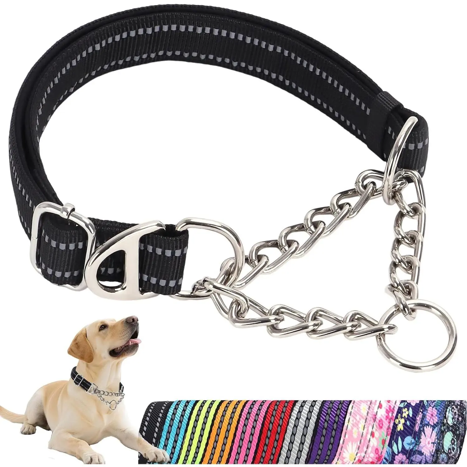 Martingale Collar for Dogs with Chain,Choker Dog Collar for Large Dogs | Black,Nylon Comfort Soft Pad,D-Rings,Adjustable Training Reflective Choke Dog Collars,Metal Steel Dog Chain