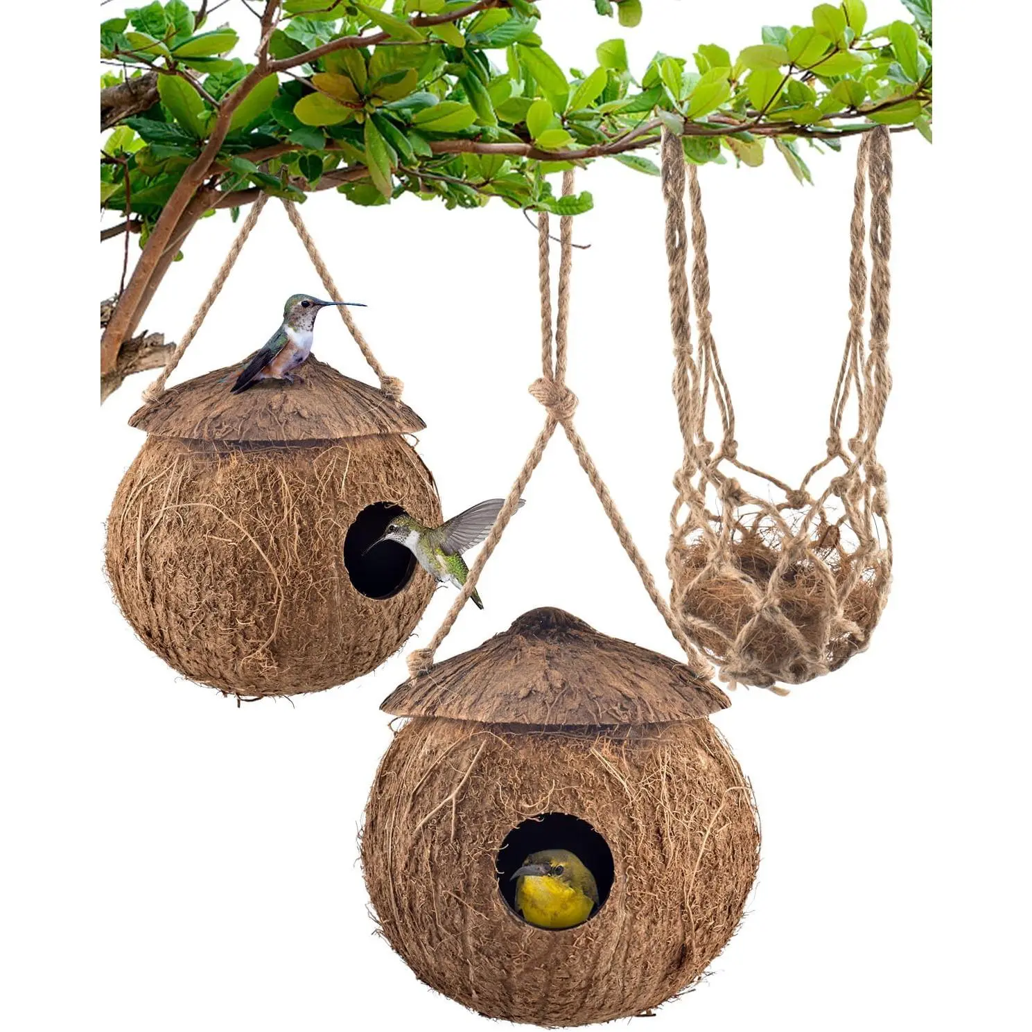 Hummingbird Houses,  Coconut Bird Houses for Outside  Hummingbird Swinging Nest, with Coconut Fiber Bedding for Nesting Window Garden Outdoor , 3 count