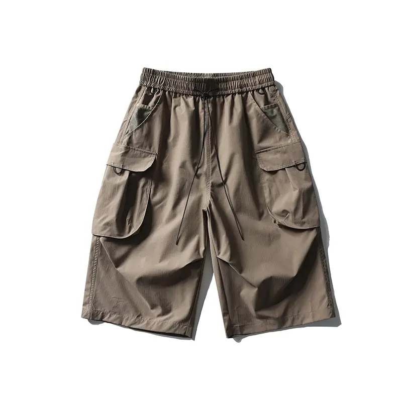 Men's Pleated Cargo Shorts, Stylish Streetwear Wide Leg Design in Quick-Dry Polyester with an Elastic Drawstring Waist and Multi-Pockets for Outdoor Hiking, Menswear, Machine Wash, Pleated Legs, Slim-Fit, Fabric, Mesh, Casual, Foldable, Above The Knee