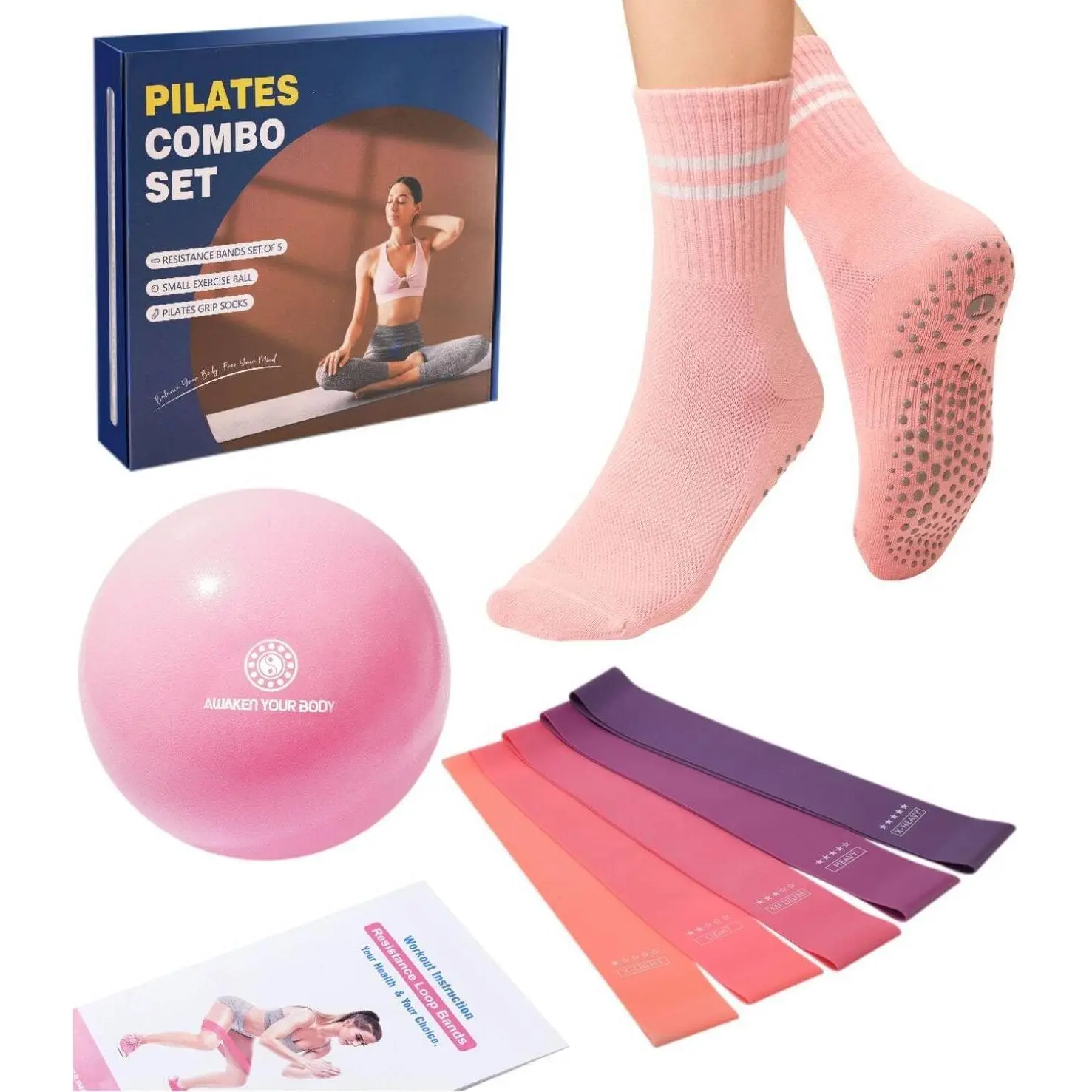 Pilates Ball Resistance Bands Grip Socks Barre Sets, Loop Exercise Bands 5 Levels, Small Yoga Ball 9 Inch, Non Slip Socks Workout Kit at