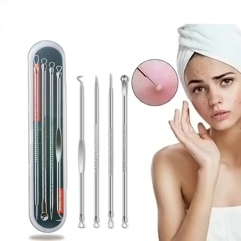 4 pieces/set of acne needles, stainless steel acne spoons, facial skincare tools, facial pore cleansing