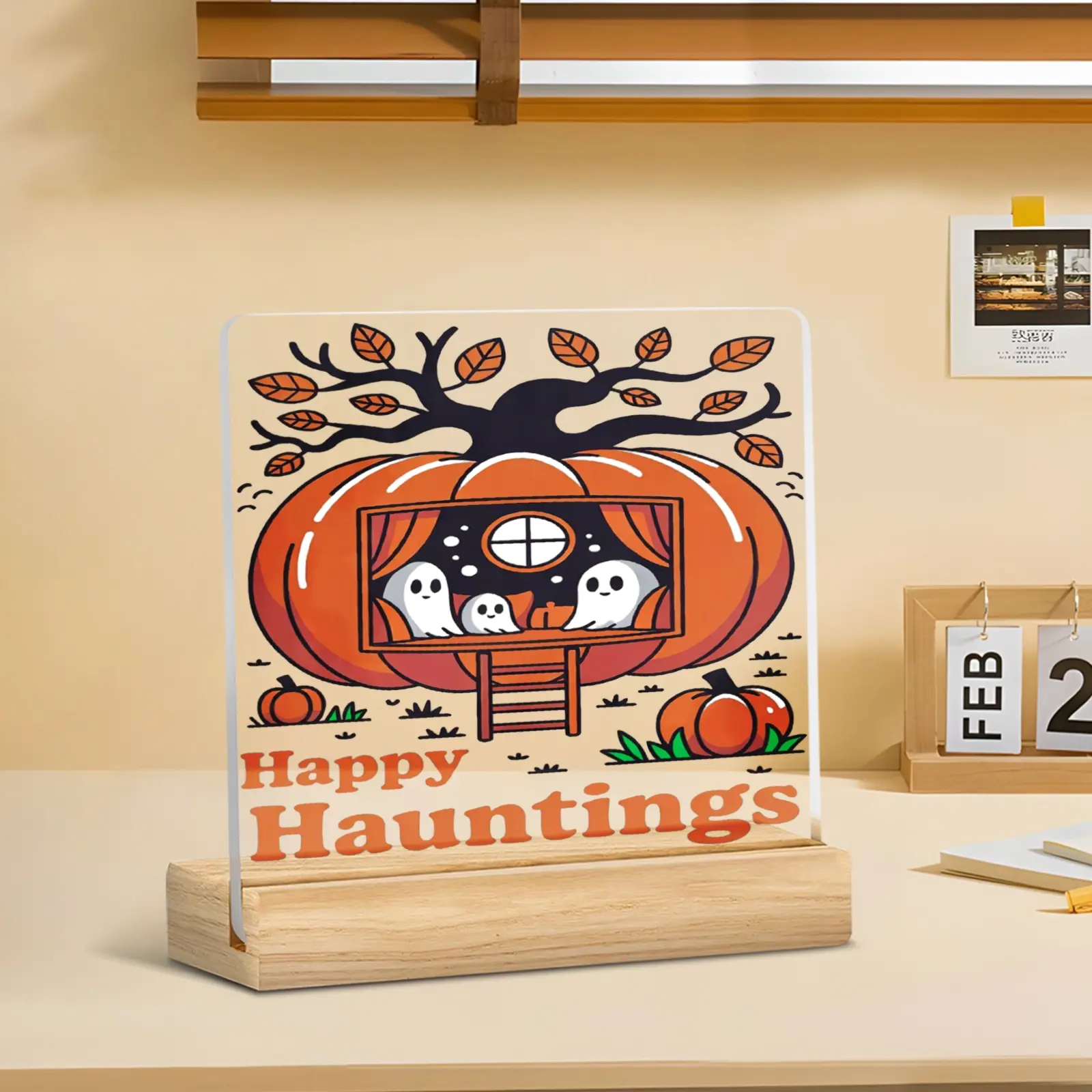 1PC Acrylic Decorative Paperweight With Halloween Pumpkin & Ghost Pattern, Desktop Ornament For Home & Office Decor, Festive Halloween Gift For Friends And Coworkers, Brings Joy And Warm Holiday Vibe