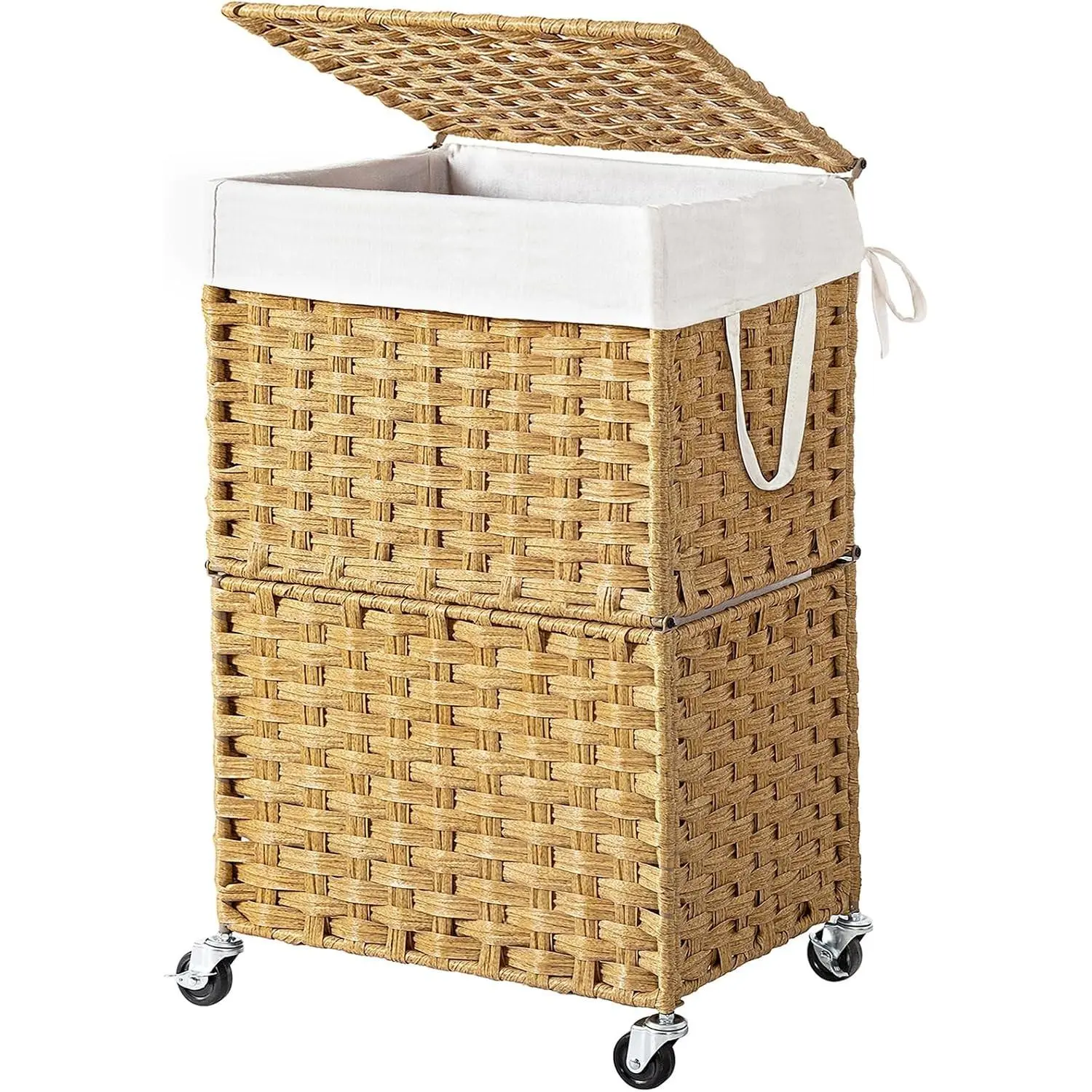 90L Slim Laundry Hamper with Wheels, Rolling Laundry Basket with Lid and Renovable Liner Bag, Handwoven Rattan Organizer for bedroom, bathroom, laundry room (Yellow)
