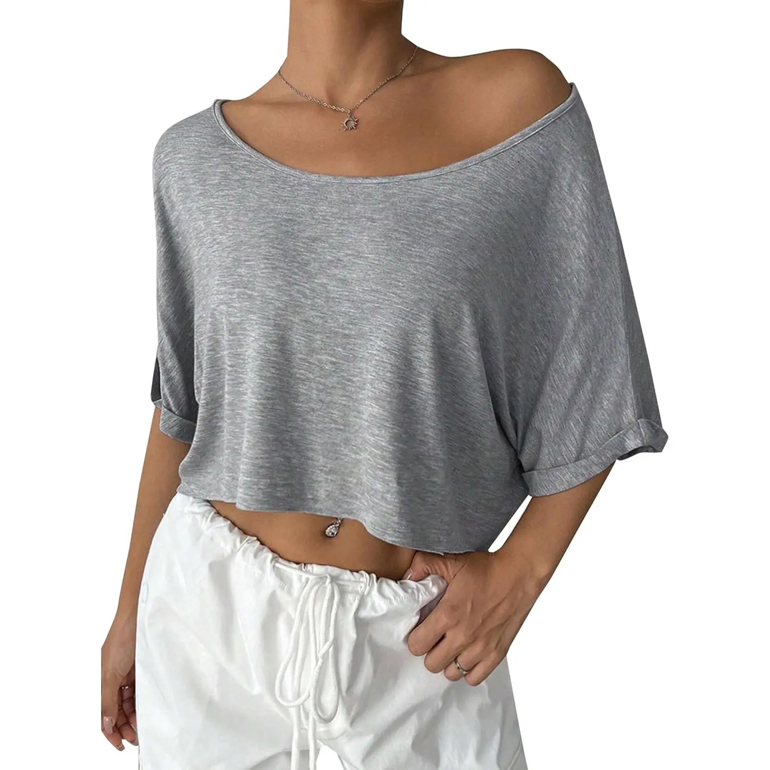 Women's Casual Off-the-Shoulder T-Shirt - Plain Elastane Summer Crop Top with Asymmetrical Neck and Short Rolled Sleeves, Tshirt, Classic, One-Shoulder Cut-Out Women's T-Shirts