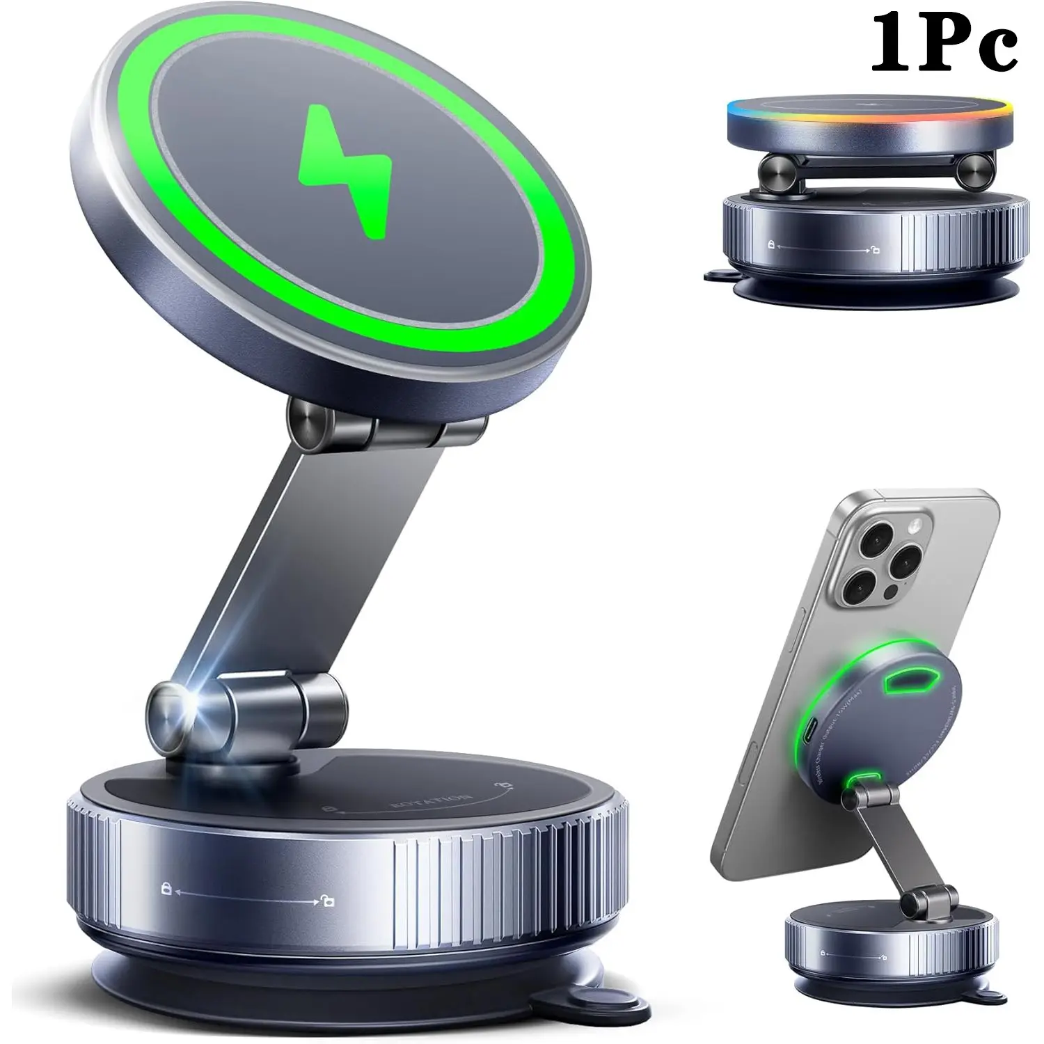 1pc Magnetic Phone Charger Base, Magsafe Car Charger, 15w Wireless Fast Charging, 360° Vacuum Magnetic Stand, Compatible with iPhone & Samsung