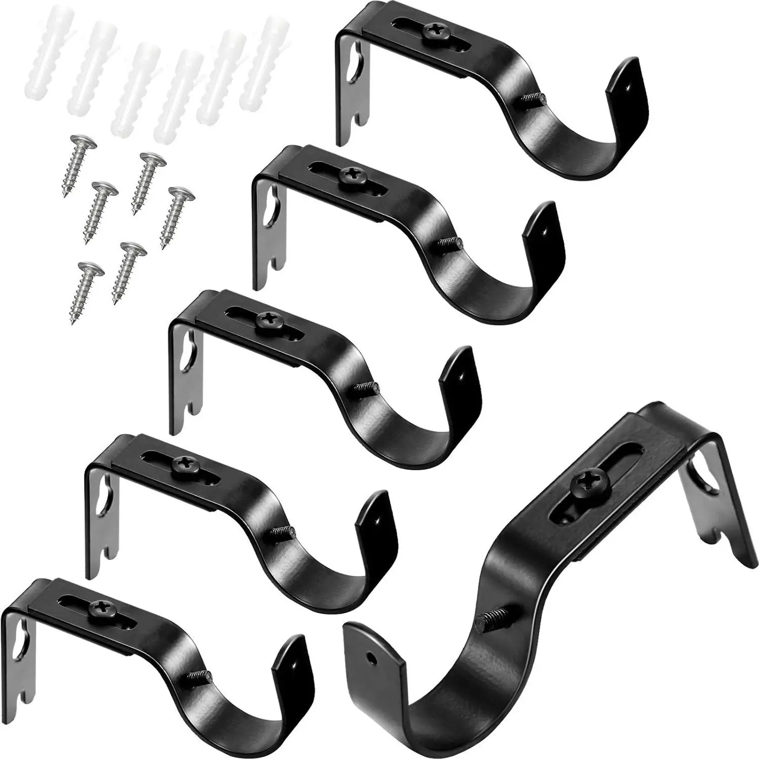 6-piece set of curtain rod brackets with screws, black| Adjustable hook suitable for 1inch diameter poles, universal wall bracket hook with hardware