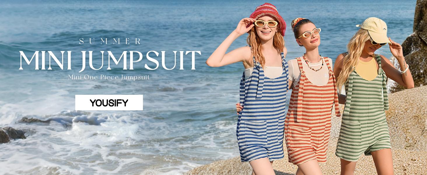 Yousify Women's Striped Sleeveless Romper Loose Fit Tied Shorts Jumpsuit with Pockets for Summer & Fall Casual Wear Scoop Neck Adjustable Drawstring Wide Legs