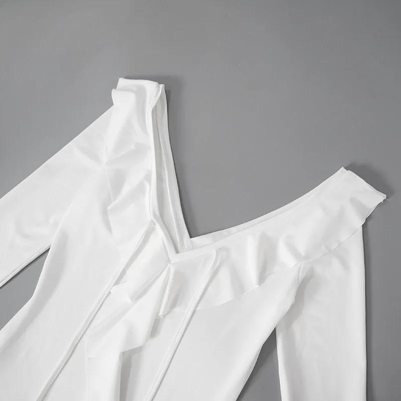 Ruffled Lace-Up White Mini Dress Women's V-Neck Patchwork Long Sleeve Sexy Slim Dress Bandage Elegant Female Summer Dress Casual Womenswear