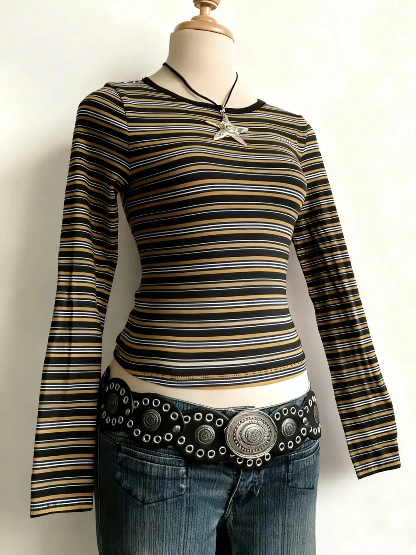 Y2K Millennial Colorblock Striped Long Sleeve T-Shirt, Women's Fitted Elastic Retro Sexy Top, Spring & Fall Casual Wear