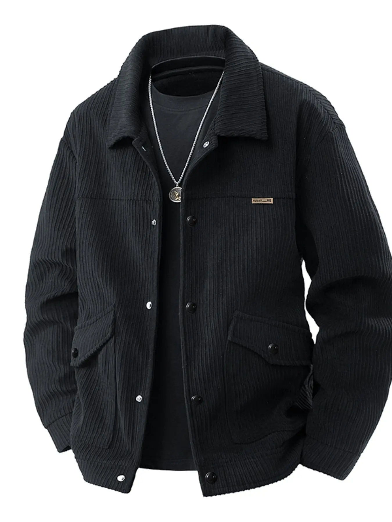 Men's Windproof Corduroy Work Jacket, Loose Turn-Down Collar, Multiple Pockets, Casual Street Style, Vintage Aesthetic, Spring & Fall